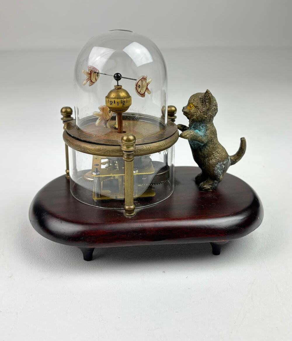 Vtg MCM Kitten Cat Catching Fish Fishbowl Dome Automaton Novelty Clock Patina